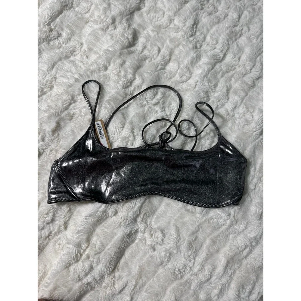 Metallic Swim Micro Scoop Bikini Top Carbon